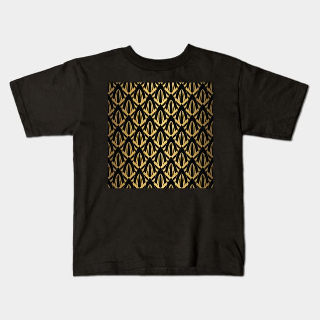 Gold Foil on Black Retro Vintage Art Deco Geometric Cross-Hatched Cone Pattern Kids T-Shirt by podartist